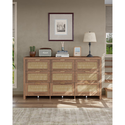 9-Drawer Rattan Dresser With Wheels ,Walnut