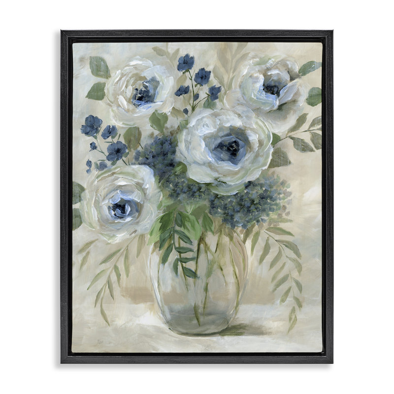 Roses avec vrilles fougères, Cadre flottant noir de jais, H 21 po x l 17 po