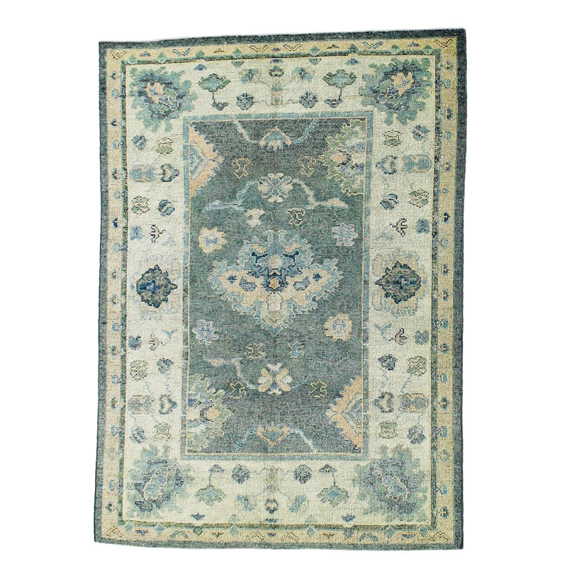 Tapis bleu Oushak turc rétro fait à la main 5 x 7