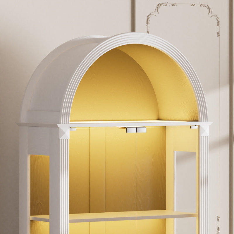 Vitrine cintrée de 31,50 × 13,80 × 70,90 po (70,9 po de hauteur) avec portes vitrées, meuble de rangement de cuisine monobloc en verre blanc.