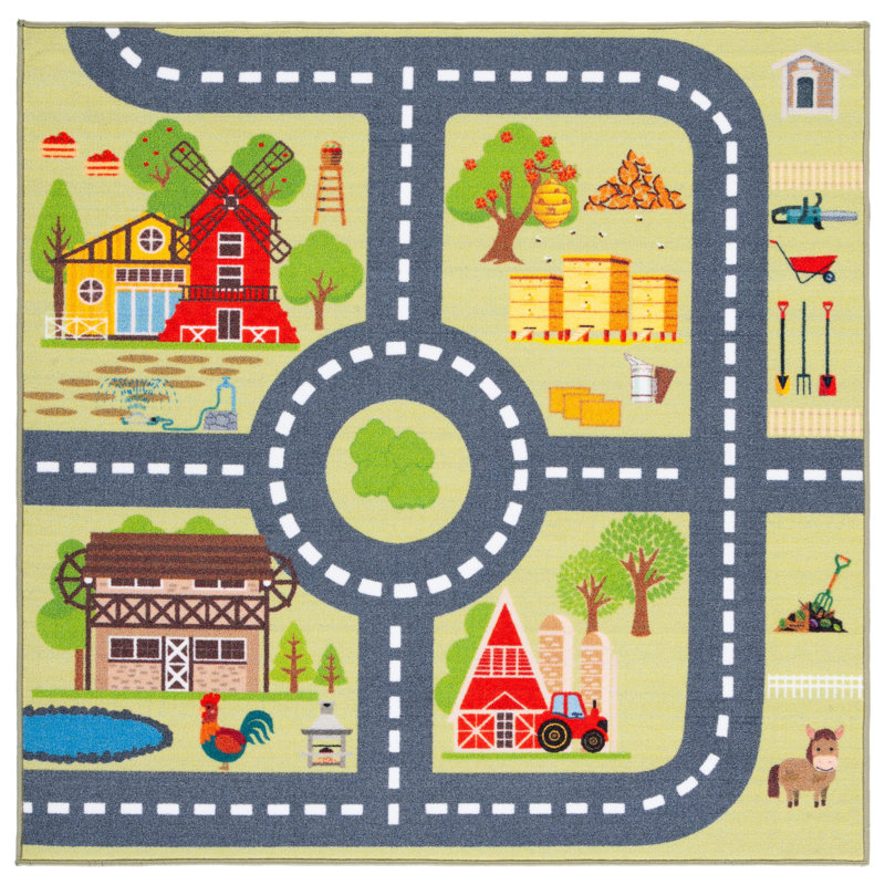Kids Playhouse Light Green and Dark Gray Square Area Rug