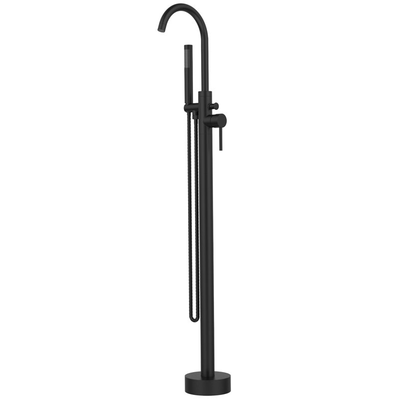 Floor Mount Bathroom Faucets - Matte Black Freestanding Bathtub Faucet, Single Handle, High Flow, With Hand Shower Mounted Tap Black, Freestanding, And Construction