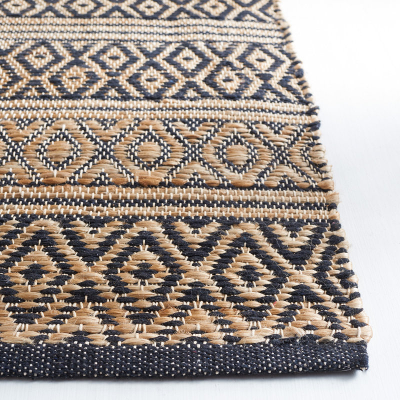 Avalyna Natural Fiber Flat Weave Jute/Cotton Geometric Rug in Black/Natural, Rectangle 5' x 8'