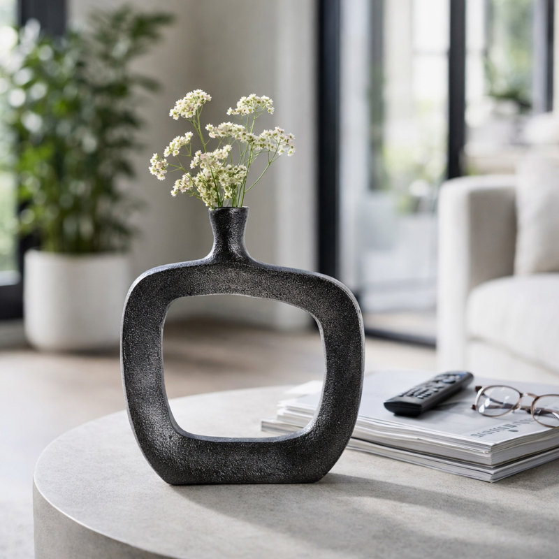 Vase à boutons moderne en métal avec découpes ouvertes pour la décoration intérieure, Noir