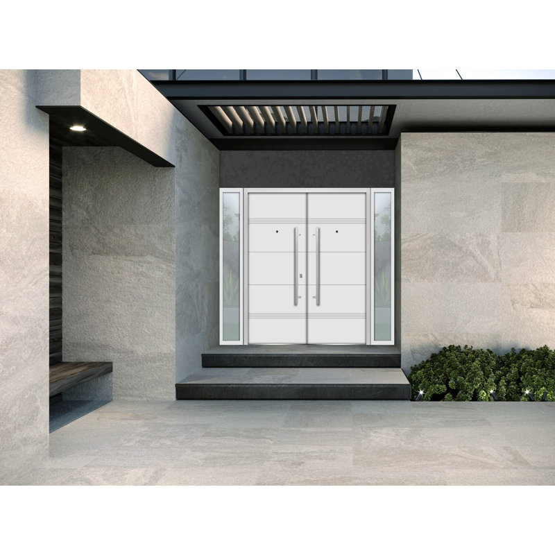 Façade avant extérieure double portes en métal / deux en émail blanc 1705/2 fenêtres latérales extérieures latérales noires / entrée moderne à gauche avec porte active 104 po x 80 po