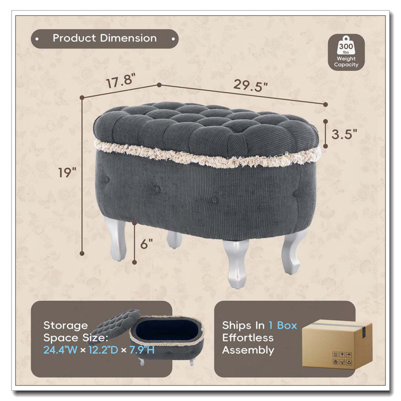 Banc de rangement avec repose-pieds en tissu, Gris