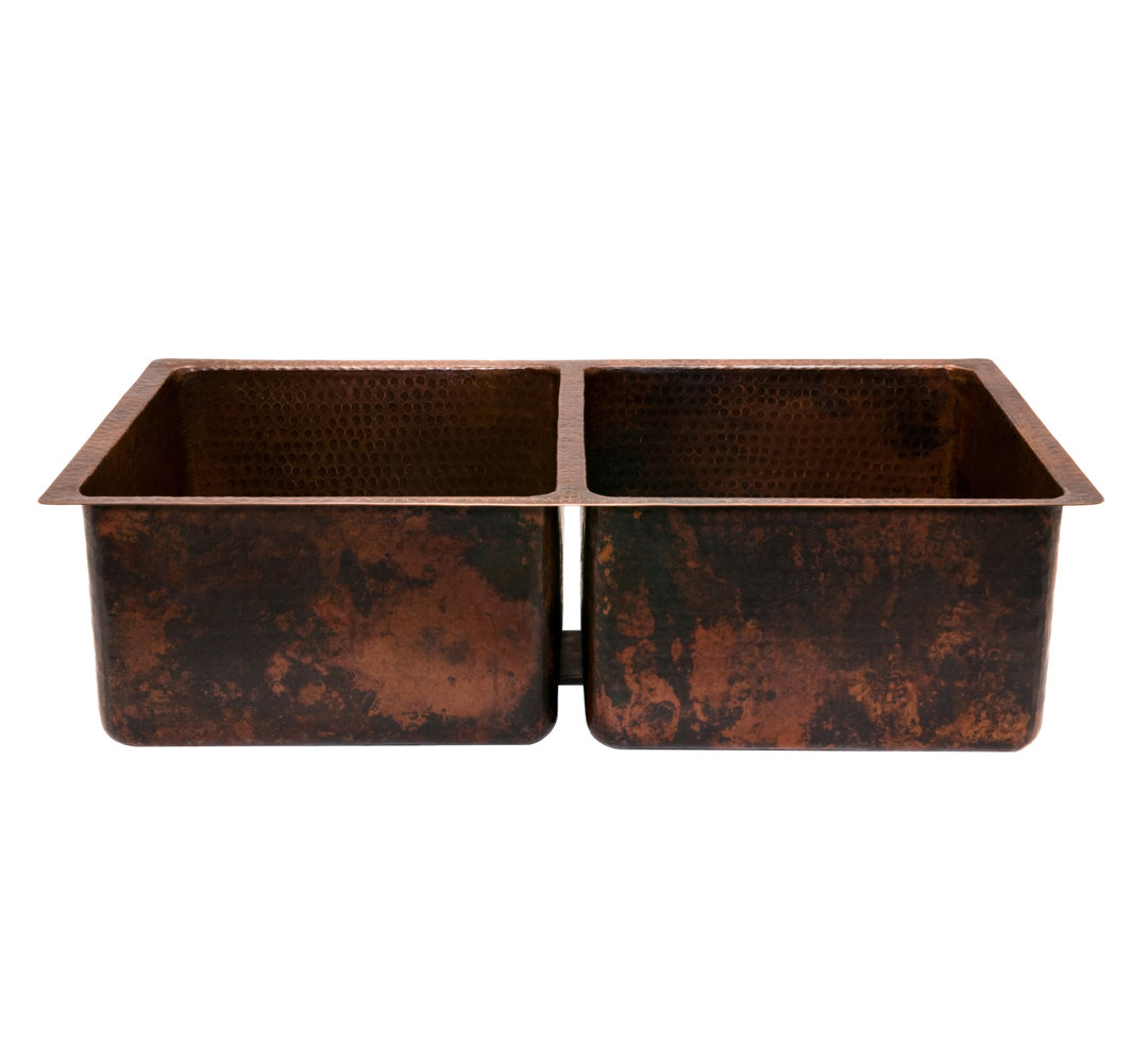 33" Hammered Copper Kitchen 50/50 Double Basin Sink with Matching Drains, and Accessories Premier Copper Products