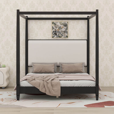Canopy Platform Bed With Upholstery Headboard,With Wooden Slat Support Legs