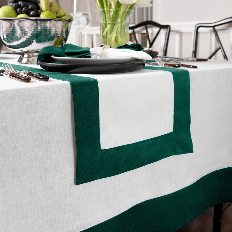 Contempo - 100% Pure Linen Tablecloth, 108" x 60", Rainforest/White