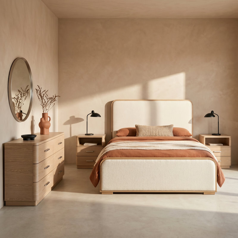Nomad 3 Piece Queen Bedroom Set, 5 Pcs: Bed, 2 Nightstands, Dresser, Mirror, Queen