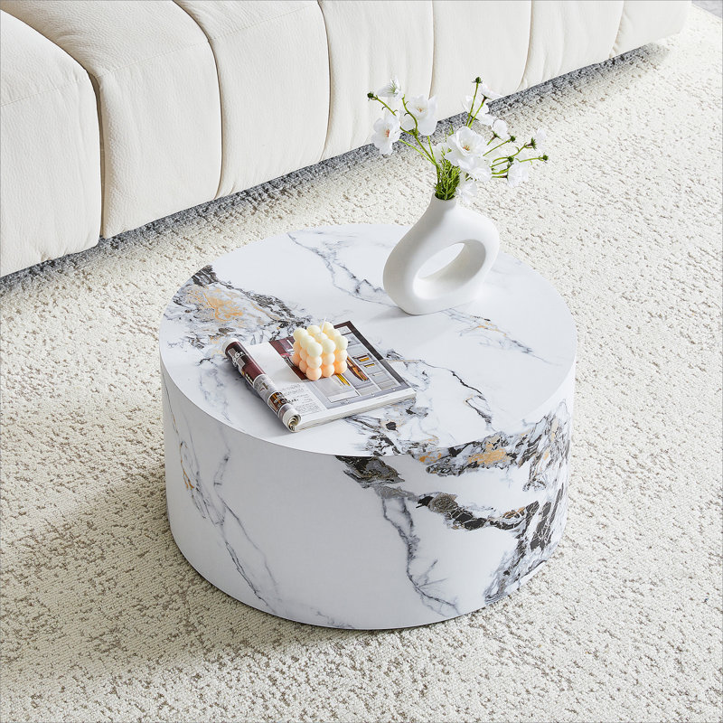 Simple  Marbletexture Round MDF Coffee Table: 23.6" Diameter × 11.8" Height, White