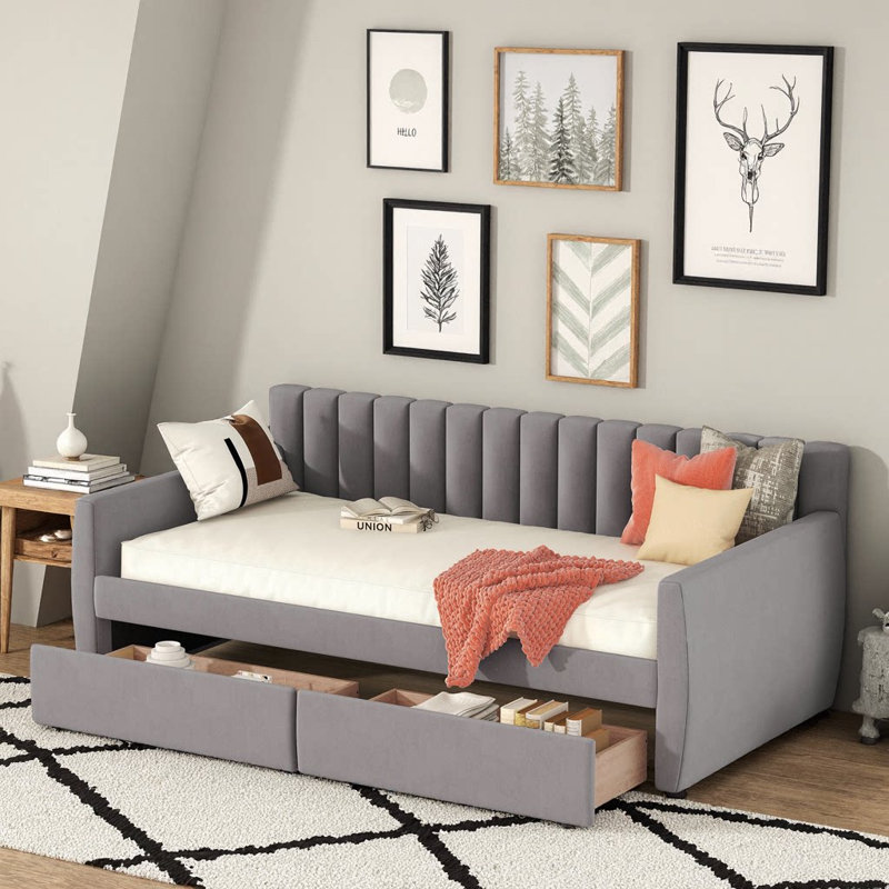 Lit de jour simple en velours moelleux avec tiroirs de rangement et support en lattes de bois Dream Haven, Grey