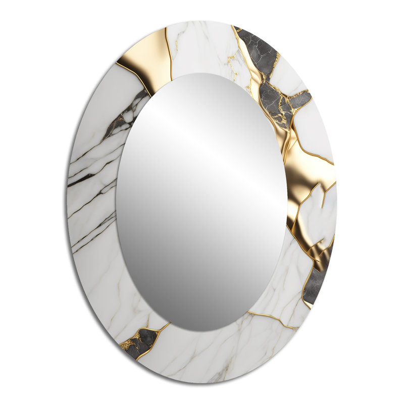 Abstract Geode Marble White And Gold I - White Oval Wall Mirror Decor, 40" x 30"