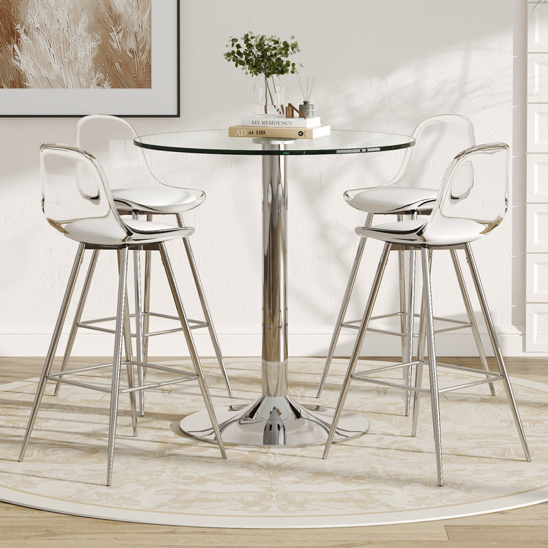 Tempered Glass Round Bar Table Set With Height Bar Stools, 5 Pieces: Table, 4 Chairs