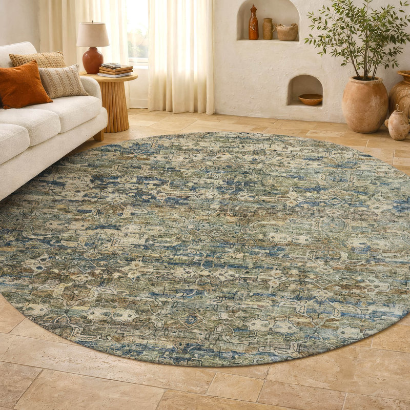 Premium Machine Washable Mayfield AMF2324 Ikat Rug, Aloe, 8' Round