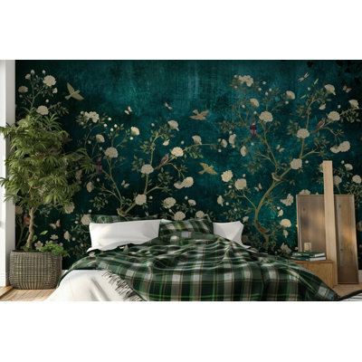 Deep Teal Bird and Floral Wallpaper Mural With Cream Blossoms and Botanical Branches