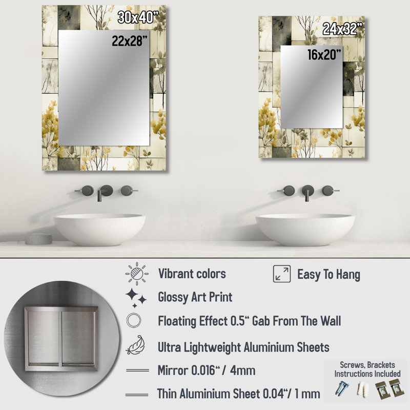 Demarcio Green Cubic Botanical Dreams - Miroir mural patchwork unique, miroir rétro, impression d'art en métal, 40 po x 30 po