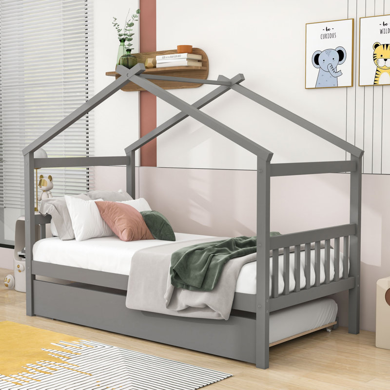 Agaro Twin House Beds Platform Bed with Trundle by  Isabelle & Max™, Gray