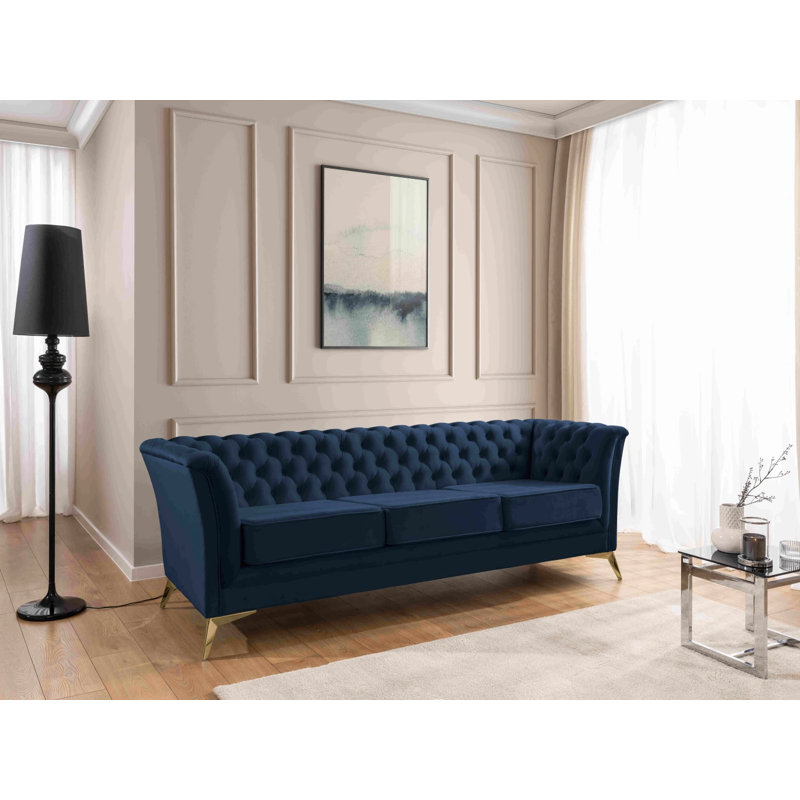 Whitby 3 Seater Velvet Sofa, Gold, Navy Blue