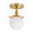 1-Light Modern Brushed Brass Semi Flush Mount Ceiling Light with Opal Glass Globe