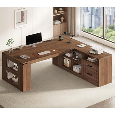 71" Executive Desk, L Shaped Computer Desk With Power Outlets And Lateral File Cabinet, Modern Corner Desk With Storage Shelves, Business Furniture Workstation, Walnut