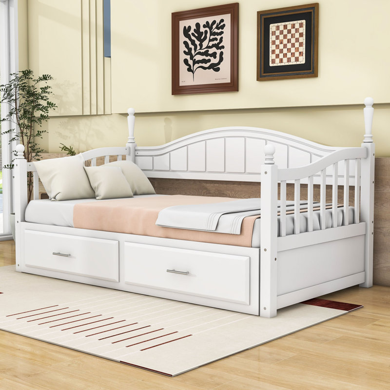 Twin Daybed with Trundle and 2 Drawer Storage MDF Daybed, White