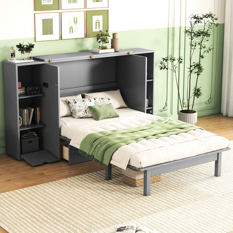 Lit gris avec rangement, tablettes et grands tiroirs - tablettes, tiroirs et économiseur d'espace moderne, Grand lit, Gris