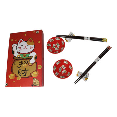 Maneki Neko Lucky Cats Red Sauce Dishes Chopsticks And Rests Sushi Set For 2