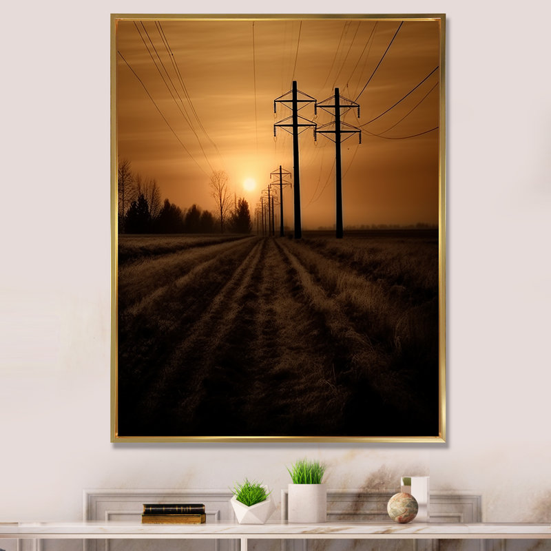«Power Lines Minimalisme Scenery Sunset I», reproduction sur toile, H 32 po x l 24 po x P 1 po, Cadre flottant doré