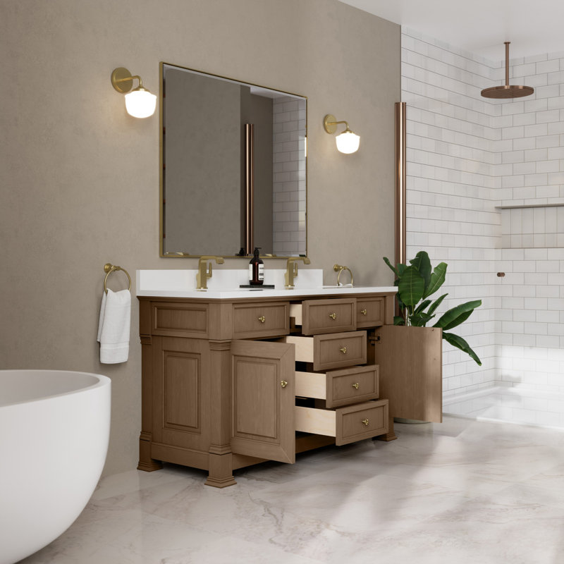 Brookfield 60'' W Double Vanity, Single Hole, Pecan, White Zeus