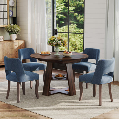 Table de salle à manger extensible ronde pour 4 à 6 personnes, table de salle à manger de style campagnard avec tablette de rangement et chaises de salle à manger rembourrées en tissu