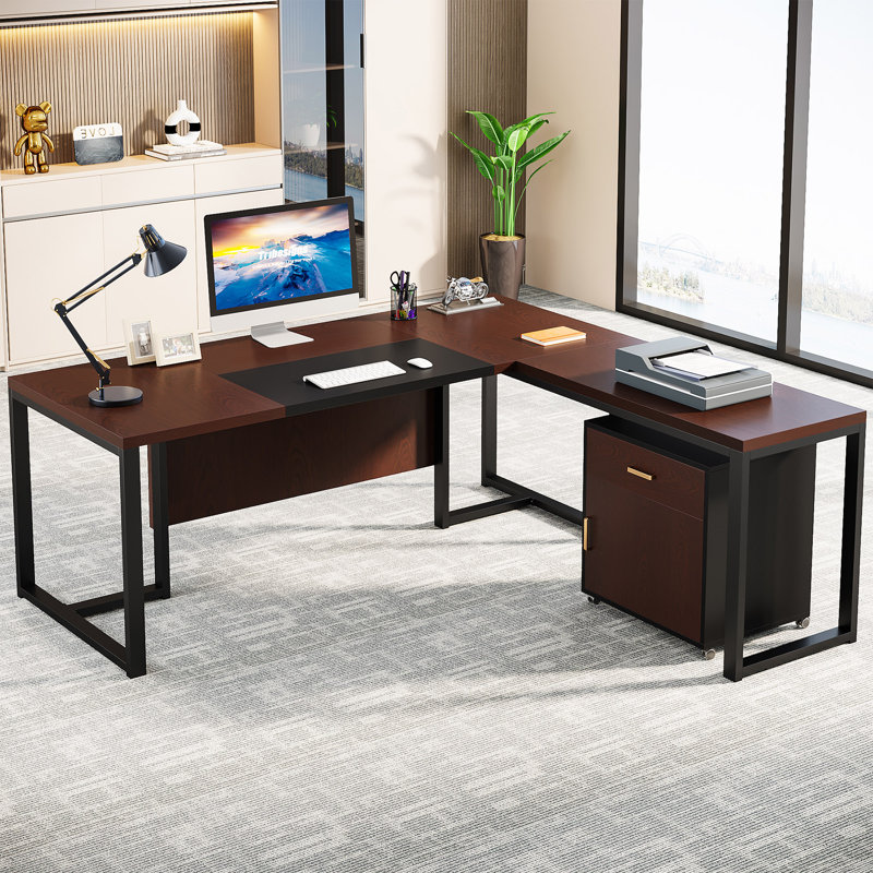 Trisca 70.8" W L-Shaped Executive Desk with Storage Cabinet, Dark Walnut/Black
