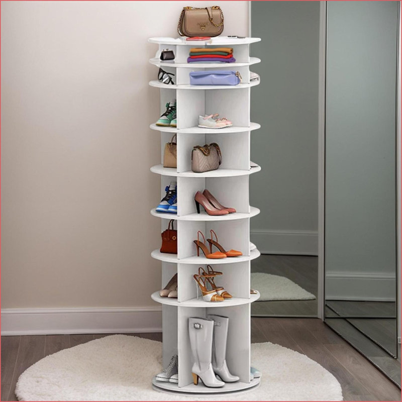 Rotating Shoe Rack, 8-Tier 360° Organizer Holds 28 Pairs, Snow White | Solid Plastic