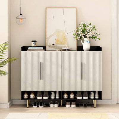 Large 4 - Door Shoe Storage In Black With Adjustable Shelves For Entryway, Bedroom And Living Room Space Saving Modern Sideboard Cabinet Room, Organizer
