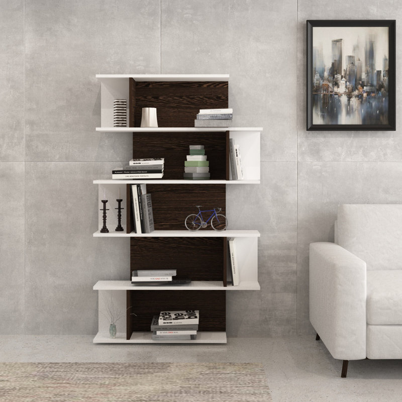 Bibliothèque géométrique Derwin H 63,31 "x l 39,37", Blanc / Noyer