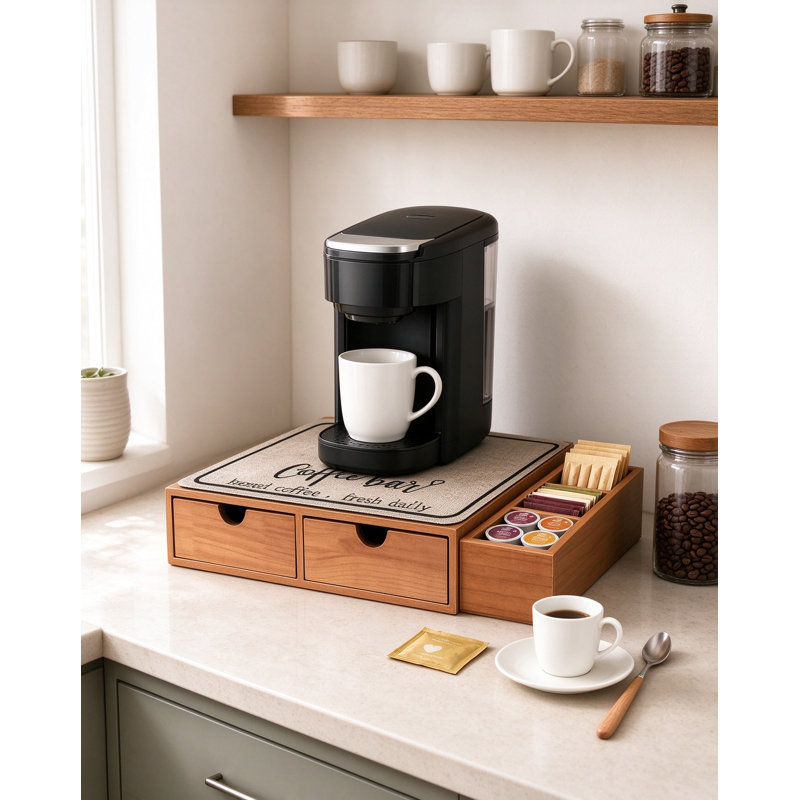 Wooden K Cup Organizer Coffee Pod Storage Box with Multiple Drawers and Coffee Maker Stand, Pine Wood Coffee Station Holder for Kitchen Counter, Home Office and Coffee Bar