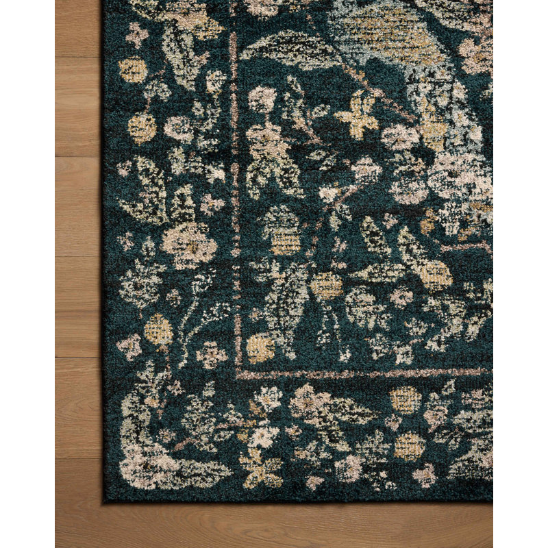 Navy Floral Wool and Synthetic Rectangular Rug, 5' x 8'