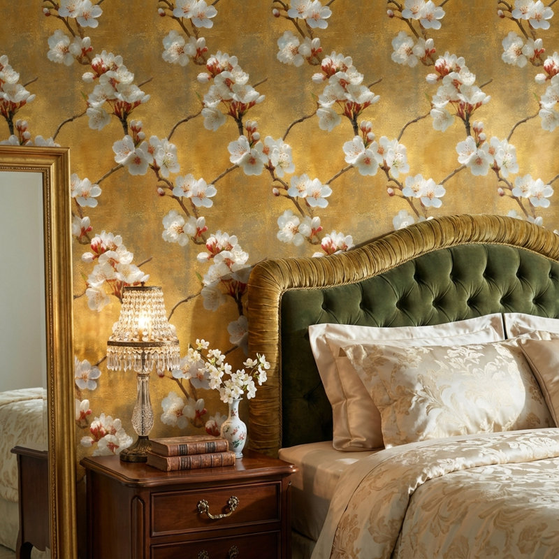 Papier peint floral, double rouleau mural amovible, fleurs dorées