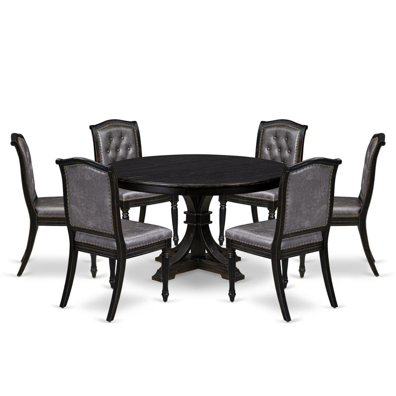 Table ronde 7 pièces et 6 chaises en polyester avec dossier capitonné, noir sablage, 7 pièces : table, 6 chaises
