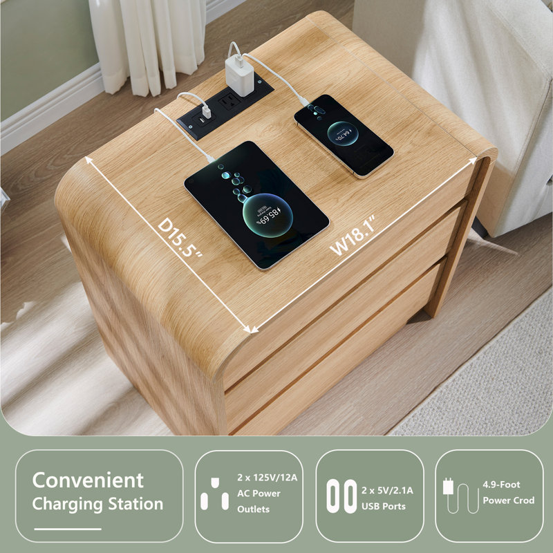  Maud 25" Tall Modern Nightstand with Charging Station, 23.6'' Wide Wood Bedside Table w/3 Storage Drawers, Natural