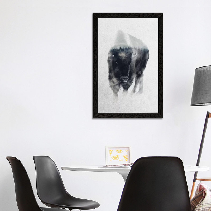 Bison In Mist by Andreas Lie - Print on Canvas, 66.04 cm H x 45.72 cm W, Black Floater Framed