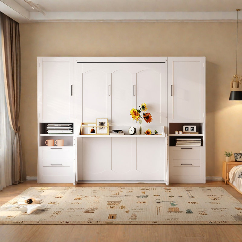 Lit escamotable 4 tiroirs avec garde-robe et tablettes, Blanc