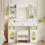 Ensemble de meuble-lavabo avec miroir et lumières DEL réglables, coiffeuse en verre avec armoire à lumière RVB, fauteuil rembourré, prise de courant et tiroirs pour la chambre à coucher, blanc
