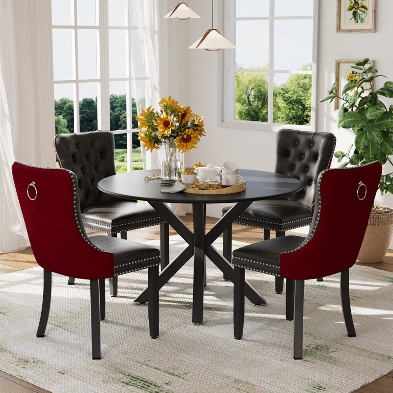 Ensemble de table et chaises de cuisine rondes pour 4, Noir, noir, noir, noir, Rouge / Noir