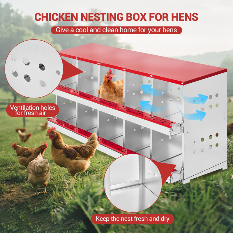 10-Compartment Metal Chicken Nesting Box – Roll-Away Heavy Duty Egg Collection with Large Vented Holes for Chickens, Hens, Ducks