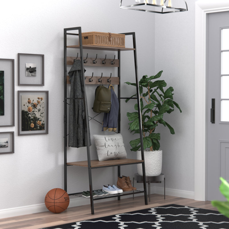 Weathered Gray Steel Hall Tree with Bench and Shoe Storage