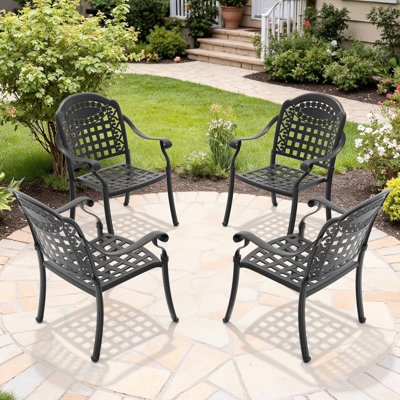 Chaise de salle à manger en fonte d'aluminium pour 4 personnes, structure noire et coussins bleus, coulée traditionnelle pour de belles lignes, résistance à la corrosion thermolaquée, rangement facile et confortable, empilable, résistant au soleil