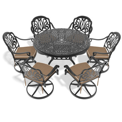 Ensemble de salle à manger 7 pièces en fonte d'aluminium toutes saisons, comprenant 6 chaises pivotantes et une table ronde de 48,03 po avec structure noire