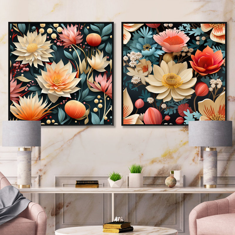 Camélia - ensemble de 2 collages floraux carrés, Cadre flottant noir, H 36 po x l 73 po
