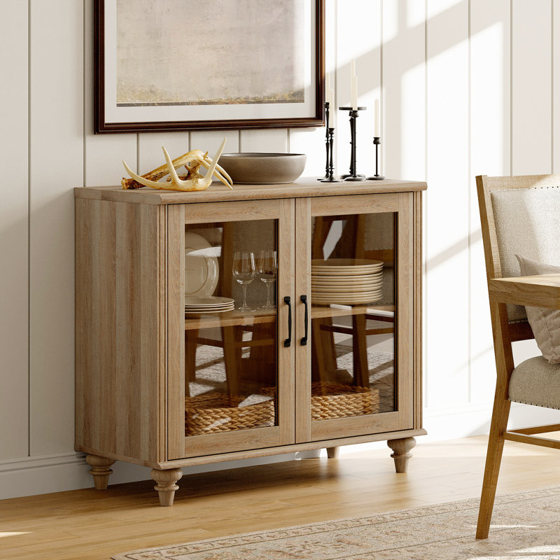 Buffet Scarlett avec meuble-bar intégré, meuble de rangement avec 2 portes vitrées, Chêne